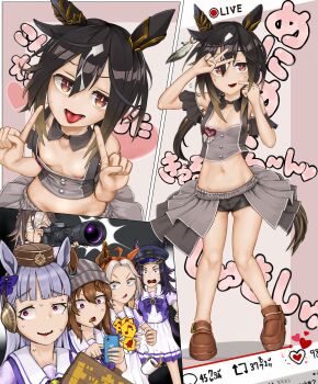 6+girls 96sikisuzume absurdres ahoge animal_ears areola_slip bare_shoulders beanie bell black_hair blunt_bangs bow bowtie breasts brown_hair camera canon_(company) cellphone closed_eyes clothing_cutout coffee_mug colored_inner_hair cup dream_journey_(umamusume) ear_covers ears_through_headwear fenomeno_(umamusume) flipped_hair gold_ship_(umamusume) gradient_hair grey_hair grey_hat grey_skirt hair_between_eyes hat highres holding holding_camera holding_phone horse_ears horse_girl horse_tail horseshoe_ornament index_finger_raised layered_skirt loafers lollipop_in_mouth long_hair looking_at_viewer meni_shuki_rush-sshu! midriff mug multicolored_hair multiple_girls musical_note nakayama_festa_(umamusume) navel official_alternate_costume orange_hair orfevre_(umamusume) peaked_cap phone pillbox_hat pleated_skirt puffy_short_sleeves puffy_sleeves purple_bow purple_bowtie purple_eyes purple_hair purple_shirt sailor_collar sailor_shirt sanpaku school_uniform shirt shoes short_shorts short_sleeves shorts shorts_under_skirt shoulder_cutout single_ear_cover skirt small_breasts smartphone stay_gold_(umamusume) stay_gold_clan_(umamusume) streaked_hair tail tongue tongue_out tracen_school_uniform twitter umamusume v wavy_mouth white_hair white_skirt
