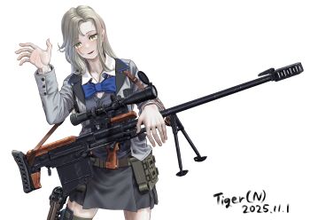 1girl absurdres anti-materiel_rifle artist_name bipod black_skirt blonde_hair blue_bow blue_bowtie blush bolt_action bow bowtie bullpup collarbone commentary_request dated green_eyes grey_jacket grey_vest gun gun_sling handgun highres holster holstered jacket ksvk_12.7 light_smile long_hair looking_at_viewer open_mouth original pleated_skirt rifle shirt simple_background skirt sniper_rifle solo thigh_holster tigern_(tigern28502735) vest weapon weapon_request white_background white_shirt