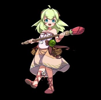 :d ahoge bag bare_shoulders black_background blush bow breasts brown_bow choker collarbone crop_top full_body green_eyes green_hair hair_between_eyes holding holding_staff long_hair looking_at_viewer mabel_(merc_storia) merc_storia merc_storia_art_team official_art open_mouth orb pink_choker pink_sandals sandals simple_background skirt small_breasts smile solo staff standing tachi-e teeth upper_teeth_only wristband