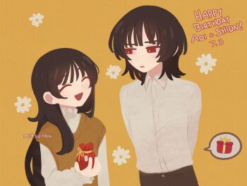 :d annoyed arms_behind_back black_hair brother_and_sister buttons collar collared_shirt commentary dress_shirt dutch_angle english_commentary facing_another frilled_collar frills gift happy happy_birthday highres holding holding_gift long_hair long_sleeves looking_at_another mitsunba open_mouth pants red_eyes saihate_eki shirt short_hair siblings simple_background smile sweater_vest tatsunami_shion tenjiku_aoi twins white_shirt yellow_background yellow_sweater_vest