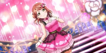 1girl absurdres artist_name artist_request blush bow bracelet braid braided_bun breasts brown_bow collarbone detached_collar dress female_focus floral_print flower flower_necklace flower_print frilled_dress frills gem gloves green_eyes hair_bow hair_bun hand_on_own_chest highres jewelry looking_at_viewer love_live! love_live!_nijigasaki_high_school_idol_club love_live!_school_idol_festival love_live!_school_idol_festival_all_stars miniskirt necklace on_stage orange_hair outdoors parted_lips pearl_(gemstone) pearl_bracelet pearl_necklace pink_bow pink_detached_collar pink_dress pink_skirt plaid_clothes plaid_dress plaid_skirt pleated pleated_dress pleated_skirt polka_dot polka_dot_bow polka_dot_skirt rainbow_waltz_(love_live!) red_hair short_hair side_bun single_hair_bun skirt sleeveless sleeveless_dress smile solo spotlight stage stage_lights uehara_ayumu white_gloves yellow_eyes