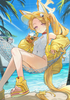 above-cleavage_cutout absurdres animal_ear_fluff animal_ears ariko_(aaaaarik) beach bird blonde_hair blue_archive breasts clothing_cutout commentary covered_navel cross_halo cup day diamond_cutout disposable_cup drinking_straw fox_ears fox_girl fox_tail halo hammock highres holding holding_cup looking_at_viewer ocean official_alternate_costume one-piece_swimsuit outdoors palm_tree pink_eyes sandals seia_(blue_archive) seia_(swimsuit)_(blue_archive) sitting sky small_breasts swimsuit tail tit_(bird) tree visor_cap white_one-piece_swimsuit yellow_sandals