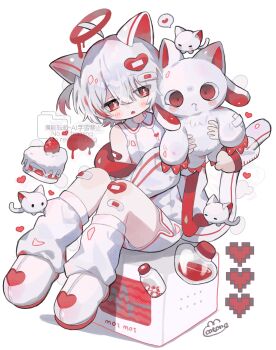1girl absurdres animal animal_ears bandaid bandaid_hair_ornament bandaid_on_arm bandaid_on_knee bandaid_on_leg bare_shoulders blush_stickers cake cake_slice cat cat_ears cat_girl cat_tail commentary_request cotono_(nazekun) dot_nose fang food fruit full_body hair_between_eyes hair_ornament heart heart_hair_ornament highres holding holding_animal jar looking_at_viewer loose_socks off_shoulder open_mouth original pill pixelated red_eyes revision shirt shoes short_hair shorts simple_background sitting sleeveless sleeveless_shirt socks solo spoken_heart strawberry tail watermark white_background white_cat white_hair white_shirt white_shoes white_shorts white_socks