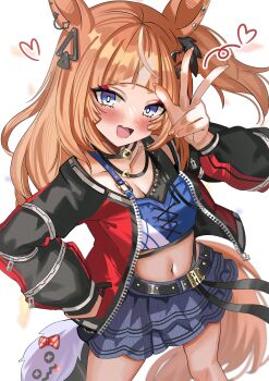 1girl absurdres ame_sagari animal_ears belt black_belt black_sleeves blue_eyes blue_skirt blush breasts brown_hair collarbone commentary_request crop_top espoir_city_(red_devil_gear)_(umamusume) espoir_city_(umamusume) gold_buckle hair_ornament heart highres horse_earrings horse_ears horse_girl horse_tail jacket long_hair looking_at_viewer medium_breasts midriff multicolored_hair navel one_side_up open_clothes open_jacket open_mouth orange_hair panty_straps red_jacket skirt small_breasts smile solo tail umamusume w