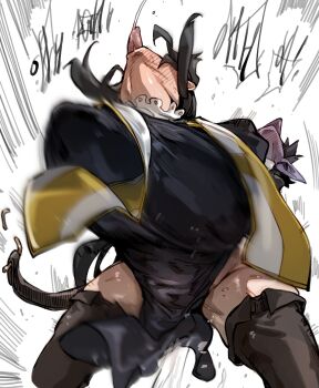 1boy 1girl ahegao black_hair breasts clothed_female_nude_male clothed_sex colored_skin demon demon_boy doppel_(bonnypir) english_text huge_breasts monster_boy nude open_mouth original pointy_ears purple_skin sex sex_from_behind simple_background speech_bubble tongue tongue_out white_background