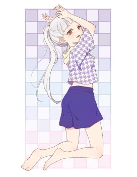1girl arashi_chisato barefoot blue_shorts border commentary_request full_body grid_background high_ponytail highres houndstooth kneeling long_hair looking_at_viewer looking_back love_live! love_live!_superstar!! midriff open_mouth outside_border ponytail purple_shirt red_eyes shirt short_sleeves shorts smile solo takata33 white_border white_hair