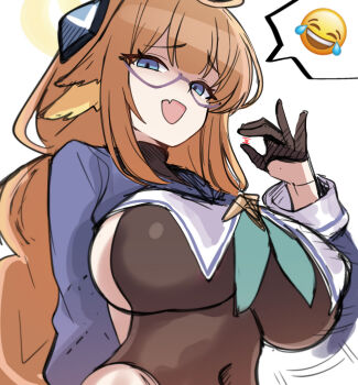 1girl aqua_neckerchief black_gloves black_leotard blue_archive blue_eyes blue_shrug breasts commentary covered_navel fang feather_hair fellatio_gesture gloves highres large_breasts leotard long_hair mini2chainz neckerchief official_alternate_costume open_mouth orange_hair shimiko_(blue_archive) shimiko_(magical)_(blue_archive) shrug_(clothing) simple_background skin_fang solo spoken_emoji very_long_hair white_background