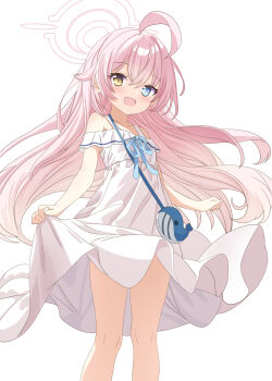 1girl :d ahoge alternate_costume aruka_(alka_p1) bare_shoulders blue_archive blue_eyes blue_ribbon blush clothes_lift collarbone commentary_request cowlick dress dress_lift feet_out_of_frame hair_between_eyes halo heterochromia highres hoshino_(blue_archive) loli long_hair looking_at_viewer medium_dress off-shoulder_dress off_shoulder open_mouth pink_hair pink_halo ribbon simple_background smile solo standing strap white_background white_dress yellow_eyes