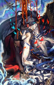 2girls arknights bare_back black_dress black_hat commentary dress dual_persona fish full_body hat heart_(organ) highres kikan_(kikanoe) long_hair multiple_girls red_eyes specter_(arknights) specter_the_unchained_(arknights) veil vomit white_dress white_hair