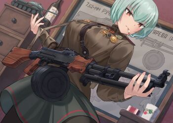 1girl brown_jacket drum_magazine dutch_angle from_below green_hair gun highres jacket light_machine_gun machine_gun magazine_(weapon) makiyo_shine medal military_vehicle model_tank motor_vehicle original rpd russian_text short_hair smoking solo soviet_army t-34 t-34-85 tank weapon