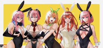 5girls ;d @_@ ahoge alternate_costume animal_ears artist_logo artist_name bare_shoulders between_breasts black_choker black_leotard black_pantyhose black_ribbon blue_eyes blush border bow bowtie breasts bridal_gauntlets butterfly_hair_ornament choker cleavage closed_mouth clothing_cutout commentary covered_navel cowboy_shot detached_collar double_w embarrassed fake_animal_ears fishnet_pantyhose fishnets go-toubun_no_hanayome green_bow green_bowtie green_ribbon hair_between_eyes hair_ornament hair_ribbon headphones headphones_around_neck heart_cutout highleg highleg_leotard highres kobi420 large_breasts leotard leotard_lift lifting_own_clothes lips logo long_hair looking_at_viewer medium_hair multicolored_hair multiple_girls nakano_ichika nakano_itsuki nakano_miku nakano_nino nakano_yotsuba necktie necktie_between_breasts nervous_sweating one_eye_closed open_mouth orange_hair out-of-frame_censoring outside_border pantyhose pink_hair playboy_bunny plunging_neckline purple_eyes rabbit_ears red_hair red_necktie ribbon short_hair short_necktie simple_background smile spaghetti_strap star_(symbol) star_hair_ornament streaked_hair sweat symbol-only_commentary upper_body w wedgie white_border white_hair white_leotard wrist_cuffs yellow_background