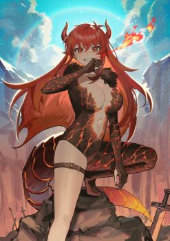 1girl asymmetrical_legwear backlighting belt between_legs blue_sky breasts cleavage cliff cloud color_contrast cowboy_shot crossed_bangs day dola_(1st_costume)_(nijisanji) dola_(nijisanji) gloves grin hair_between_eyes hand_between_legs hand_up highres horns leg_up leotard long_hair medium_breasts navel nijisanji outdoors partially_fingerless_gloves red_eyes red_hair revealing_clothes rock sky smile solo squatting standing straight-on subsurface_scattering sun_halo sunlight sword tail thigh_belt thigh_strap torino_kawazu very_long_hair virtual_youtuber weapon wind