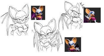 1girl 2025 angry bat_girl bat_wings black_bodysuit blackchaos64 blowing_kiss blue_eyeshadow bodysuit boots bouncing_breasts breasts cleavage closed_eyes commentary cowboy_shot curvy elbow_gloves english_commentary eyeshadow female_focus furry furry_female gloves green_eyes grey_background happy highres jiggle large_breasts looking_at_viewer makeup mashkiel monochrome multiple_expressions pink_lips reference_work rouge_the_bat sega simple_background sonic_(series) sonic_adventure_2 standing white_boots white_fur white_gloves wings