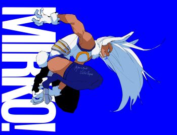 1girl absurdres animal_ears azisaiharumaki56 blue_thighhighs boku_no_hero_academia commentary_request dark-skinned_female dark_skin dynamic_pose gloves grin highres leotard long_hair looking_ahead mirko rabbit_ears rabbit_girl rabbit_tail red_eyes smile solo tail thighhighs toned toned_female white_gloves white_hair white_leotard