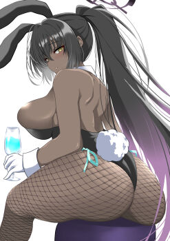 1girl absurdres ass back black_hair black_leotard blue_archive breasts champagne_flute cup dark-skinned_female dark_skin detached_collar drinking_glass fishnet_pantyhose fishnets from_behind gloves gradient_hair halo highres huge_ass huge_breasts karin_(blue_archive) karin_(bunny)_(blue_archive) leotard long_hair looking_back multicolored_hair pantyhose playboy_bunny purple_hair rabbit_ears rabbit_tail shiromochi_(123) sitting solo thick_thighs thighs very_long_hair white_background white_gloves yellow_eyes