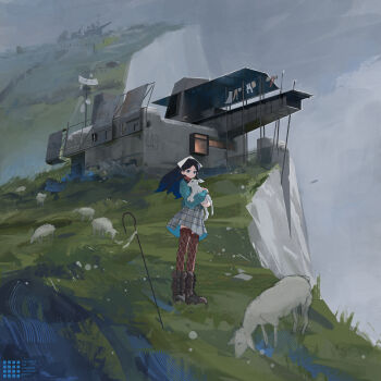 1girl absurdres airfish_(lefko_d) animal aqua_sweater aran_sweater baby_animal black_hair blue_eyes boots brown_boots building cable_knit cliff closed_mouth clothesline commentary_request floating_hair grass grey_skirt headscarf highres holding holding_animal lamb long_sleeves looking_at_viewer original outdoors plaid_clothes plaid_skirt radar_dish red_thighhighs research_station sheep shepherd shepherd's_crook skirt standing sweater thighhighs white_headscarf wide_shot