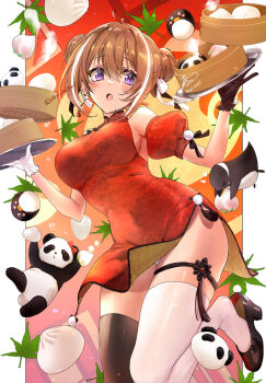 1girl :o asymmetrical_gloves asymmetrical_legwear bird black_gloves black_thighhighs blush bow breasts brown_hair china_dress chinese_clothes dated double_bun dress dumpling eyelashes food frilled_gloves frills gloves hair_bun high_heels highres holding holding_plate large_breasts leg_up matori_(penguin_batake) mismatched_gloves mismatched_legwear multicolored_hair open_mouth original panda panties panty_peek plate purple_eyes red_bow red_dress short_hair signature solo sparrow streaked_hair thigh_strap thighhighs underwear waitress white_gloves white_hair white_thighhighs