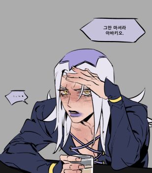 Rule 34 | 1boy, alcohol, arm on table, arm rest, commentary, cross-laced clothes, cross-laced top, cup, elbow rest, grey background, hand on own head, hat, highres, holding, holding cup, jojo no kimyou na bouken, korean text, leone abbacchio, lipstick, long hair, long sleeves, looking to the side, makeup, male focus, open mouth, pectoral cleavage, pectorals, purple lips, sengsengmurim, sleeves past wrists, smeared lipstick, solo, symbol-only commentary, translation request, vento aureo, white hair, yellow eyes