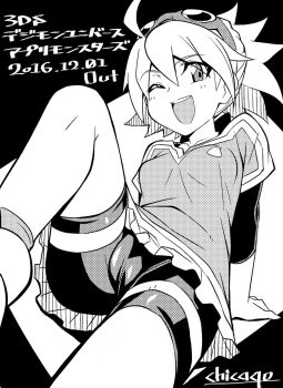 Rule 34 | 1girl, bike shorts, blush, breasts, chicago-x, digimon, highres, itsuki (digimon), japanese text, looking at viewer, monochrome, one eye closed, shorts, sitting, smile, solo