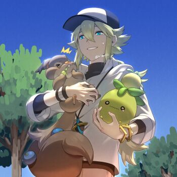 1boy ^^^ baseball_cap blue_eyes brown_pants collared_shirt commentary_request crossed_bangs day from_below gen_8_pokemon green_hair hair_between_eyes hat highres holding holding_pokemon jewelry long_hair male_focus n_(pokemon) nagiru necklace nintendo outdoors pants pokemon pokemon_(creature) pokemon_bw ponytail shirt skwovet sky smile smoliv sweatdrop tree twitter_username undershirt watermark white_shirt wristband