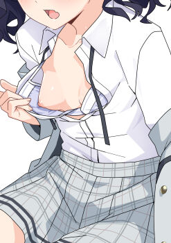 1girl black_ribbon blue_bra blue_hair bra bra_pull breasts clothes_pull collared_shirt commentary_request cowboy_shot eyes_out_of_frame fang fingernails flashing fukumaru_koito grey_jacket grey_skirt head_out_of_frame highres idolmaster idolmaster_shiny_colors jacket jacket_partially_removed long_sleeves medium_hair miniskirt morisobo neck_ribbon nipples open_mouth plaid_clothes plaid_skirt pleated_skirt pulling_own_clothes ribbon school_uniform shirt shirt_tucked_in simple_background sitting skin_fang skirt small_breasts solo sweat underwear undone_neck_ribbon white_background white_shirt