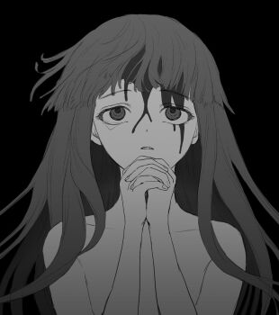 1girl blood blood_on_face blunt_bangs crying furude_rika highres higurashi_no_naku_koro_ni long_hair looking_up nasu_(nasuotabe) nude praying solo tears very_long_hair