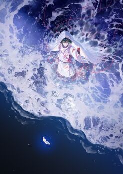 1boy absurdres arm_up blood blood_on_clothes blood_on_face blood_splatter chinese_commentary closed_mouth expressionless feathers from_above genshin_impact glowing_feather highres in_water japanese_clothes long_sleeves multicolored_hair ocean official_alternate_costume outdoors purple_eyes purple_hair san_wu_mao_liang scaramouche_(genshin_impact) scaramouche_(kabukimono)_(genshin_impact) shade short_hair solo standing streaked_hair string string_of_fate veil water white_feathers white_veil wide_sleeves