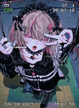 1girl :d adapted_costume alternate_costume black_boots black_bow black_collar black_headdress black_jacket black_nails blonde_hair boots bow chest_harness collar collarbone commentary dated empty_eyes fangs flat_chest floating_hair foreshortening frilled_headwear frills from_above hair_between_eyes hair_intakes hair_ornament hairclip harness headdress highres jacket jewelry leg_tattoo long_hair looking_at_viewer makaino_ririmu makaino_ririmu_(5th_costume) multiple_rings nijisanji open_mouth outdoors photo_background pink_eyes pink_streaks rabbit_hair_ornament ring sidelocks silver_ring sleeves_past_wrists smile solo spiked_collar spikes swing symbol-only_commentary tattoo thigh_boots timestamp track_jacket twitter_username two_side_up v v_over_eye viewfinder virtual_youtuber watermark x_hair_ornament xdoxa89