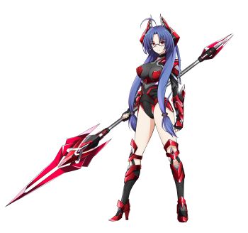 1girl absurdres ahoge armor armored_boots blue_hair boots breasts commentary_request commission fang fingerless_gloves full_body gauntlets glasses gloves high_heel_boots high_heels highres holding holding_polearm holding_weapon large_breasts leotard long_hair original oshimaru026 pixiv_commission polearm red_eyes shoulder_armor solo spear standing vampire very_long_hair weapon white_background