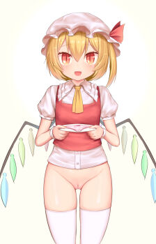1girl :d absurdres ascot blonde_hair blush bottomless commentary_request cowboy_shot crystal_wings fangs flandre_scarlet frilled_shirt_collar frills harunoha hat highres holding holding_panties holding_underwear holding_unworn_clothes looking_at_viewer mob_cap multicolored_wings one_side_up open_mouth orange_eyes panties pink_panties presenting_removed_panties puffy_short_sleeves puffy_sleeves pussy red_vest shirt short_hair short_sleeves simple_background smile solo textless_version thighhighs touhou uncensored underwear vest white_shirt white_thighhighs wings yellow_ascot yellow_background