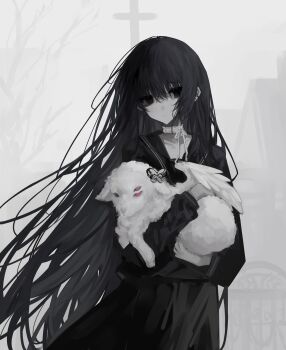 absurdres black_eyes black_hair black_serafuku black_skirt butterfly_hair_ornament choker creature cross extra_eyes feathered_wings fog hair_between_eyes hair_ornament highres holding holding_creature lace lace_choker long_hair original red_eyes ribbon school_uniform serafuku skirt very_long_hair white_choker white_ribbon white_wings wind wings zi_qi_xiang