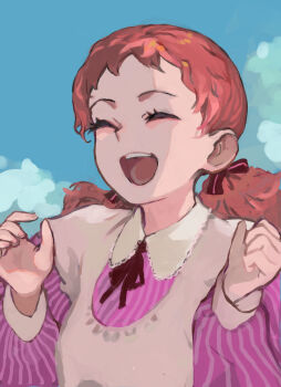 Rule 34 | 1girl, apron, atsushi miyaji, blue sky, closed eyes, cloud, collared dress, commentary request, dress, hair ribbon, hands up, highres, laughing, low twintails, neck ribbon, open mouth, orange hair, original, outdoors, pink dress, red ribbon, ribbon, sky, smile, solo, striped clothes, striped dress, teeth, twintails, upper body, upper teeth only, vertical-striped clothes, vertical-striped dress, white apron