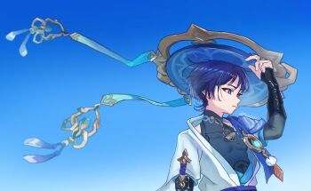 Rule 34 | 1boy, anemo symbol (genshin impact), arm at side, armor, black bodysuit, blue cape, blue gem, blue hair, blue hat, blue kimono, blue sky, blue sleeves, blunt ends, bodysuit, bridal gauntlets, bright pupils, cape, choppy bangs, clear sky, closed mouth, commentary request, covered collarbone, eyeliner, feathers, gem, genshin impact, glowing gem, gold, gold ring, grey bridal gauntlets, hand up, hat, highres, japanese armor, japanese clothes, jingasa, juban, kimono, kote, kurokote, layered sleeves, looking to the side, makeup, male focus, mandarin collar, middle ring, minatuki (m1natuki i), multicolored hair, open clothes, open kimono, outdoors, pom pom (clothes), portrait, purple eyes, purple hair, purple rope, purple sash, red eyeliner, rope, sash, scaramouche (genshin impact), short sleeves, shoulder peek, sideways mouth, sky, solo, streaked hair, tassel, twitter username, wanderer (genshin impact), white kimono, white pupils, white sleeves, white trim, yellow feathers