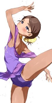 1girl blue_eyes blush bodystocking brown_hair commentary_request expressionless figure_skating_dress flat_chest groin highres leg_up leotard medalist_(manga) mo_(boo1719501boo) solo spread_legs yamato_ema