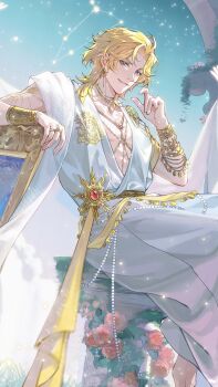 1boy absurdres ancient_greek_clothes aqua_gemstone arch architecture arm_rest arm_tattoo barefoot beads blonde_hair blue_eyes blue_sky body_chain bracelet bracer brooch chinese_commentary collarbone constellation curtained_hair earrings flower foot_out_of_frame gem gold_bracelet gold_bracer gold_choker gold_earrings gold_necklace grass greco-roman_architecture greco-roman_clothes guest_art hand_up highres jewelry lars_rorschach leo_(constellation) light_particles looking_at_viewer lovebrush_chronicles male_focus medallion multiple_bracelets multiple_rings necklace painting_(object) parted_bangs parted_lips pectoral_cleavage pectorals picture_frame pillar pink_flower pink_rose plant plunging_neckline red_gemstone ring robe rose sash short_hair short_sleeves sideways_glance sitting sky smile solo star_(sky) starry_sky sun_earrings sun_necklace sun_symbol tattoo toned toned_male vines waist_sash white_robe yellow_sash yiy1123