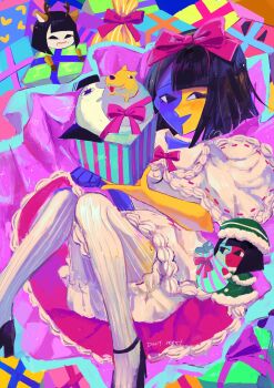 4girls bow dog dress ena:_dream_bbq ena_(dream_bbq) ena_(ena) ena_(series) ena_(web_series) grin hair_bow happy_ena highres lolita_fashion mini_person minigirl monster_girl moony_(ena) multiple_girls pantyhose salesperson_ena smile teeth unnamed_(ena) usagimarumei white_pantyhose