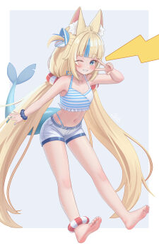 1girl absurdres animal_ear_fluff animal_ears armpits bare_arms bare_legs bare_shoulders barefoot bikini bikini_under_clothes blonde_hair blue_eyes breasts denim denim_shorts feet fpvjoe full_body grin highres indie_virtual_youtuber long_hair looking_at_viewer multicolored_hair navel one_eye_closed sameko_saba short_shorts shorts simple_background small_breasts smile soles solo stomach striped_bikini striped_clothes swimsuit tail toes twintails v very_long_hair virtual_youtuber white_background white_shorts
