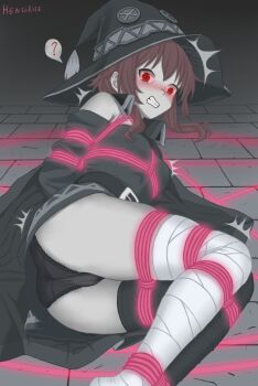 1girl angry ass bandaged_leg bandages bdsm belt black_panties blush bondage bound cloak crotch crotch_seam dress hat hentarise highres kneehighs kono_subarashii_sekai_ni_bakuen_wo! kono_subarashii_sekai_ni_shukufuku_wo! konosuba!_fantastic_days lingerie loli megumin panties red_eyes shibari socks solo spell underwear unfinished witch_hat