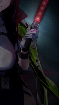 1girl animated arm_tattoo audible_speech belt black_bra black_hair blue_necktie blue_skirt blunt_bangs bouncing_breasts bra breasts character_name cleavage closed_mouth commentary cuffs curvy d_(killer_wife)_(nikke) d_(killer_wife)_(secret_police)_(nikke) d_(nikke) english_audio english_commentary english_text gloves goddess_of_victory:_nikke gun handcuffs handgun hat highres holding holding_gun holding_weapon holster id_card jacket jacket_on_shoulders large_breasts logo looking_at_viewer miniskirt necktie official_alternate_costume official_art open_clothes open_jacket police police_hat police_uniform policewoman red_eyes resident_evil road_sign ryona shiny_skin shirt sign skirt smile sound tagme talking tattoo thigh_holster thigh_strap title traffic_baton underwear video weapon white_gloves white_shirt wide_hips