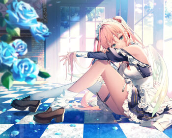 1girl asymmetrical_legwear bare_shoulders blue_flower blue_rose blurry blurry_background blush breasts checkered_floor closed_mouth commentary_request day dress fingernails flower frilled_skirt frills full_body garter_straps green_eyes hair_ornament highres indoors knee_up lips loafers long_hair long_sleeves looking_at_viewer low_wings maid maid_headdress medium_breasts nail_polish original petals pink_hair puffy_nipples puffy_sleeves rianastia_flugel riichu rose shoes short_dress sitting skirt smile socks solo textless_version thighhighs thighs twintails white_socks white_thighhighs window wings