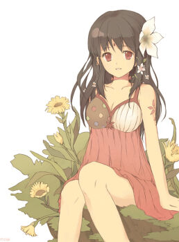 bad_id bad_pixiv_id bindi breasts brown_hair cleavage flower hair_flower hair_ornament long_hair moai_(aoh) original pink_eyes red_eyes shoulder_tattoo sitting solo tattoo