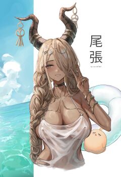 Rule 34 | 1girl, absurdres, artist name, azur lane, black choker, blonde hair, bracelet, braid, breasts, choker, commentary, covered erect nipples, cropped torso, dark-skinned female, dark skin, hair over one eye, highres, horns, jewelry, large breasts, long hair, looking at viewer, manjuu (azur lane), mole, mole under mouth, nail polish, one eye covered, owari (azur lane), riuv187567, see-through clothes, solo, twin braids, upper body, v, very long hair
