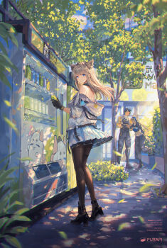 1boy 2girls absurdres alesh_(arknights) animal_ears arclight_(arknights) arknights arknights:_endfield bare_shoulders bird_ears bird_girl black_gloves black_hair black_jacket black_overalls black_pants black_pantyhose black_shoes blonde_hair blue_eyes blue_hair blush closed_mouth commentary_request cropped_jacket dark-skinned_female dark_skin dragon_bean_(arknights) dress drink gloves grey_hair high_heels highres holding holding_drink horse_ears horse_girl horse_tail jacket long_hair multicolored_hair multiple_girls navel one_eye_closed open_clothes open_jacket outdoors overalls pants pantyhose perlica_(arknights) purapi raccoon_boy raccoon_ears scar scar_across_eye scar_on_face shoes short_hair stomach sweater tail two-tone_hair very_long_hair white_dress white_jacket white_sweater yellow_jacket