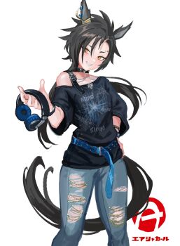 1girl air_shakur_(umamusume) animal_ears belt black_collar black_hair black_shirt blue_belt bracelet collar commentary_request cowboy_shot denim ear_ornament eyebrow_piercing face_piercing headphones highres holding holding_headphones horse_ears horse_girl horse_tail jeans jewelry long_hair multiple_bracelets pants piercing sharp_teeth shirt simple_background solo tail teeth torn_clothes torn_jeans torn_pants tosato umamusume white_background yellow_eyes