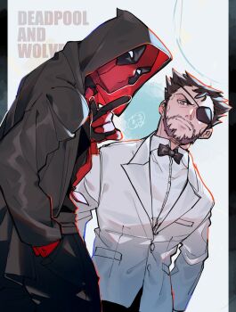 2boys beard black_jacket black_necktie black_pants brown_hair closed_mouth commentary deadpool deadpool_&amp;_wolverine deadpool_(series) dress_shirt eyepatch facial_hair finger_to_mouth formal_clothes gloves green_eyes hand_in_pocket highres hood hood_up jacket long_sleeves looking_at_viewer male_focus marvel marvel momoi_housuke multiple_boys necktie pants patch_(wolverine) red_mask shirt short_hair shushing suit symbol-only_commentary white_jacket white_shirt wolverine_(x-men) x-men