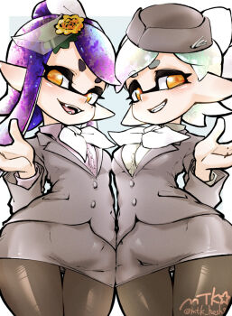 Rule 34 | 2girls, artist name, black pantyhose, bow, bow-shaped hair, bowtie, breasts, callie (news anchor) (splatoon), callie (splatoon), center frills, collared shirt, commentary request, cross-shaped pupils, fangs, flower, formal clothes, frills, garrison cap, green hair, grey hat, grey jacket, grey skirt, grey suit, hair flower, hair ornament, hat, inkling, jacket, long hair, long pointy ears, long sleeves, looking at viewer, marie (splatoon), miniskirt, mole, mole under eye, mtk hoshi, multiple girls, mutsuki (pixiv116518), nintendo, official alternate costume, open mouth, orange eyes, orange pupils, pantyhose, pencil skirt, pink shirt, pointy ears, purple hair, shirt, short hair, skirt, small breasts, splatoon (series), splatoon 3, suit, swept bangs, symbol-shaped pupils, tentacle hair, white bow, white bowtie, white shirt, yellow flower