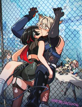 &gt;_&lt; 2boys 3girls :o absurdres against_fence ahoge animal_ear_fluff animal_ears arms_up artist_name ass assertive_female back belt between_legs black_boots black_garter_straps black_gloves black_hair black_pants black_shirt black_skirt black_thighhighs blood blood_on_clothes blue_jacket blue_necktie blush boots brown_hair building chain-link_fence checkered_necktie chest_strap city closed_eyes closed_mouth clothes_writing cloud collared_shirt commentary crop_top day english_commentary english_text eyebrows feet_out_of_frame femdom fence fighting fingernails firing full_body garter_straps glasses gloves green_necktie green_shirt grey_hair gun hair_between_eyes hair_intakes handgun hands_on_another&#039;s_thighs hetero high-waist_shorts high-waist_skirt highres holding holding_gun holding_weapon hollow_thug_bulky_enforcer_(zenless_zone_zero) injury jacket jane_doe_(zenless_zone_zero) kiss knee_up lifting_person long_fingernails long_hair long_sleeves long_tail looking_at_another mouse_ears mouse_girl mouse_tail multicolored_hair multiple_boys multiple_girls nail_polish necktie open_mouth outdoors pants pantyhose patreon_username pince-nez pocket pointy_ears ponytail red_hair red_nails scar scared scratching seth_lowell shadow shirt short_hair short_sleeves shorts single_garter_strap single_leg_pantyhose single_thighhigh skin_tight skindentation skirt sky skyscraper sleeveless sleeveless_shirt sleeveless_turtleneck sleeveless_turtleneck_shirt smaller_dominant snegovski spread_legs standing streaked_hair surprised sweatdrop tail tail_around_another&#039;s_leg tail_wrap tareme thighhighs tomiya_(zenless_zone_zero) torn_clothes torn_pantyhose torn_thighhighs torn_vest trembling turtleneck turtleneck_shirt two-tone_hair vest watermark weapon white_belt white_shirt wide-eyed window you_gonna_get_raped zenless_zone_zero zettai_ryouiki zhu_yuan
