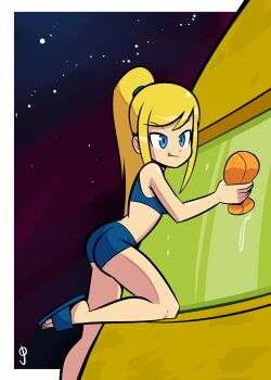 1girl ass blonde_hair blue_eyes blue_sandals blue_shirt blue_shorts breasts cleaning highres holding josue_pereira long_hair medium_breasts metroid midriff nintendo ponytail samus&#039;s_gunship samus_aran sandals shirt shorts sleeveless sleeveless_shirt space spacecraft spaceship sponge standing standing_on_one_leg star_(sky) tongue tongue_out washing_vehicle wet