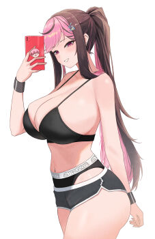 Rule 34 | 1girl, absurdres, arm at side, ass, black bra, black hair, black panties, black shorts, bra, breasts, buta dong, cellphone, check copyright, clothes writing, commentary, copyright request, cowboy shot, dolphin shorts, from side, grin, hand up, high-waist panties, highres, holding, holding phone, huge breasts, looking to the side, micro shorts, moyaji (vtuber), multicolored hair, navel, no shirt, panties, parted bangs, phone, pink eyes, pink hair, selfie, shorts, simple background, smartphone, smile, solo, standing, stargazer (company), stomach, swept bangs, turning head, two-tone hair, underwear, underwear writing, variant set, virtual youtuber, white background