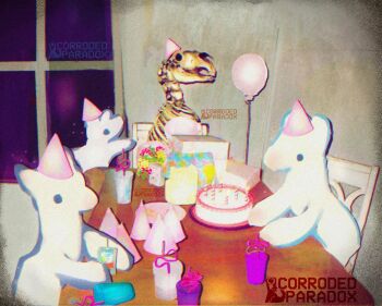 ._. 3boys animal baby_animal balloon birthday_cake birthday_party cake candle capri-sun chair chimera corrodedparadox cup deer drinking_straw flower food galaxy gift grey_wall hat highres horse lamb multiple_boys my_son_(corrodedparadox) on_chair original painterly party_hat pink_hat plate purple_sky sheep sitting skeleton skeleton_horse sky snout spilled_drink star_(sky) surreal table watermark white_fur window